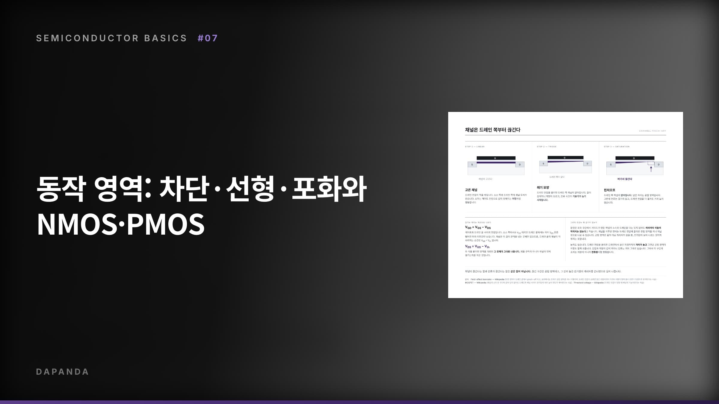 반도체에서 트랜지스터까지 #07 — 동작 영역: 차단·선형·포화와 NMOS·PMOS