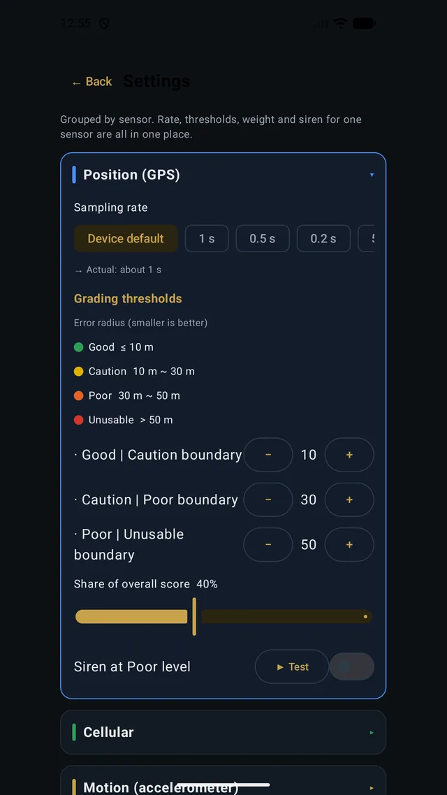 Settings — sampling rate and grading bands