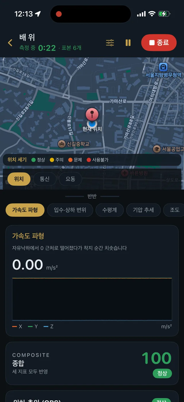 iOS 측정 화면 — 종합 점수 100 · 정상