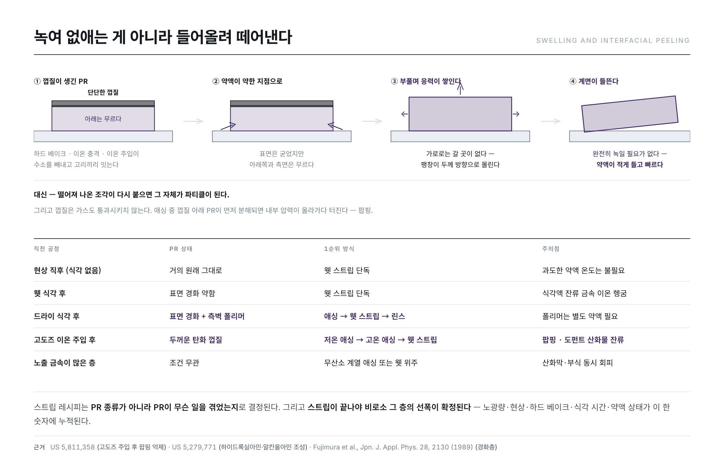 스트립 공정 4단계 — 식각 직후, 약액 침투, 팽윤·박리, 세정 완료