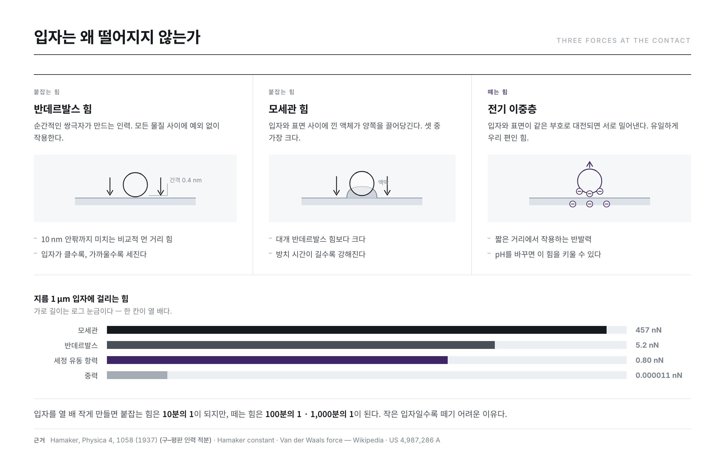 입자를 표면에 붙잡는 세 가지 힘 — 반데르발스 힘, 모세관 힘, 전기 이중층