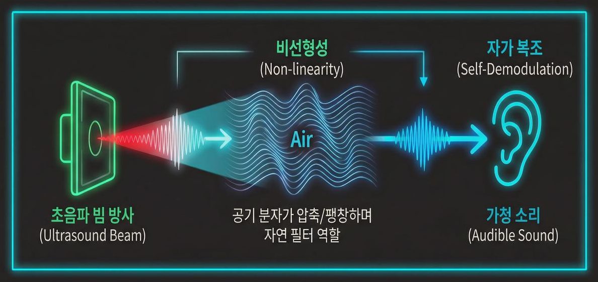 パラメトリックアレイの動作概念図——超音波ビーム放射、空気の非線形性、自己復調を経て可聴音へ