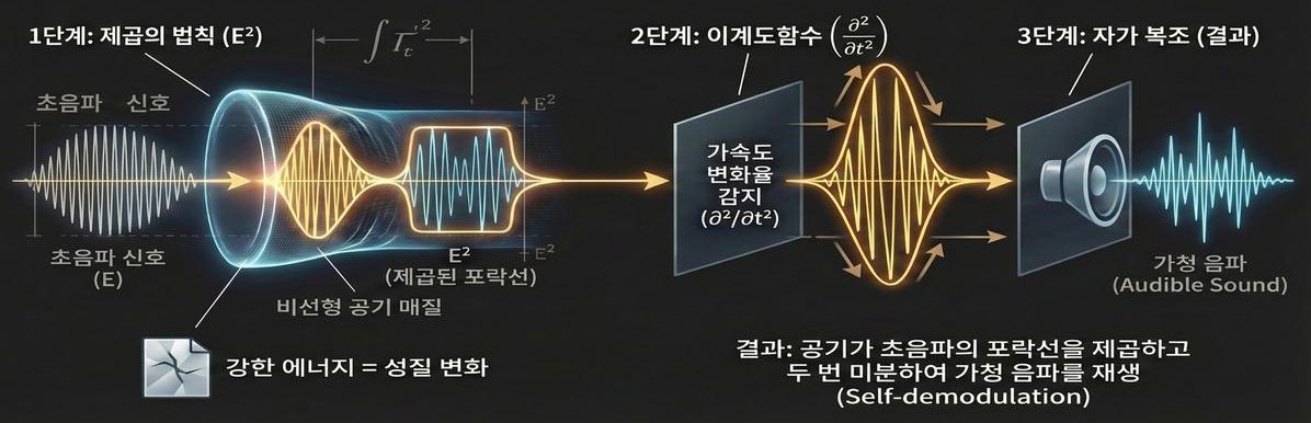 The three stages of self-demodulation — squaring the ultrasonic envelope (E²), the second time derivative (∂²/∂t²), and recovery of the audible wave