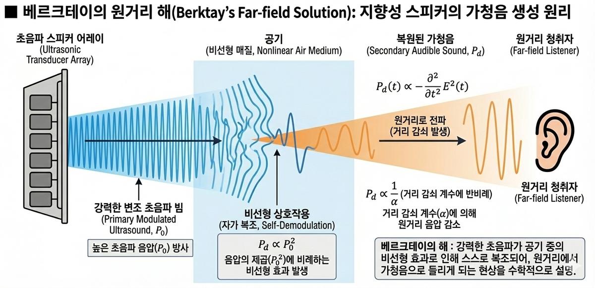 Conceptual diagram of Berktay's far-field solution — modulated ultrasound (P0) passes through nonlinear interaction and is restored as far-field audible sound (Pd ∝ ∂²/∂t² E²)