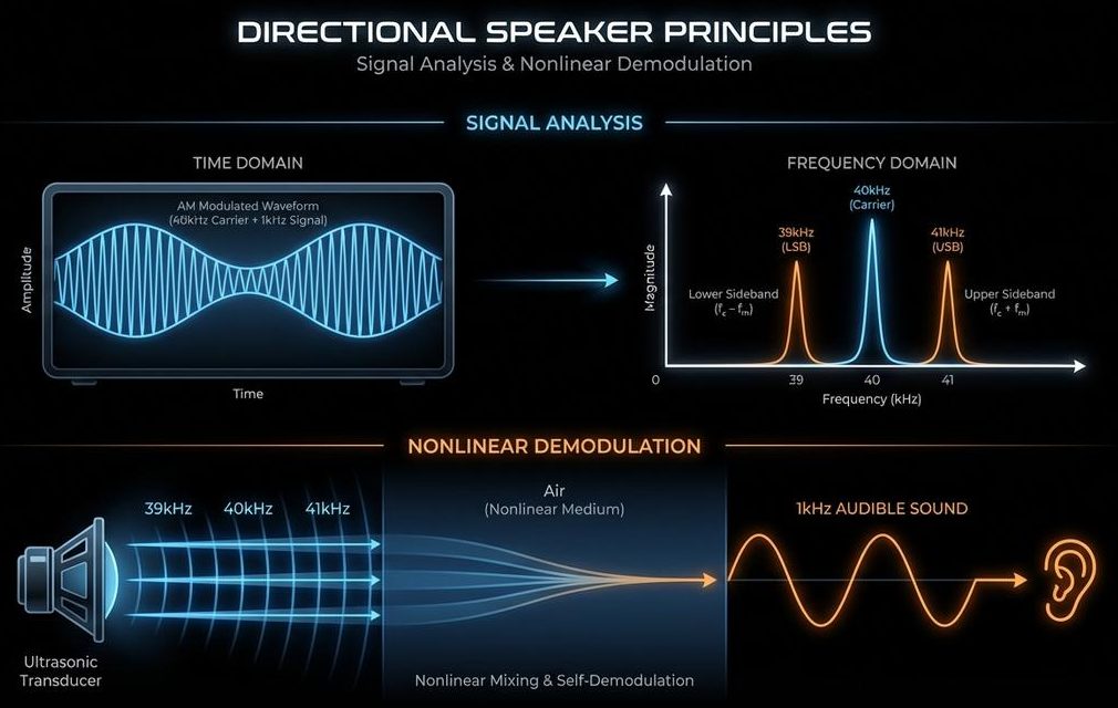 Signal analysis — a 40kHz carrier and 39/41kHz sidebands (AM modulation spectrum) produce 1kHz audible sound through nonlinear mixing and self-demodulation