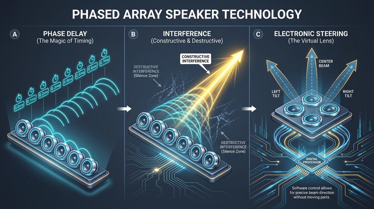 フェーズドアレイ3ステップ — 位相遅延（Phase Delay）、強め合い・打ち消し合いの干渉（Interference）、電子式操舵（Electronic Steering）