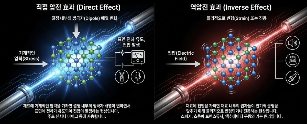 Conceptual diagram of the direct piezoelectric effect (pressure to voltage) and the converse effect (voltage to strain) in the crystal lattice