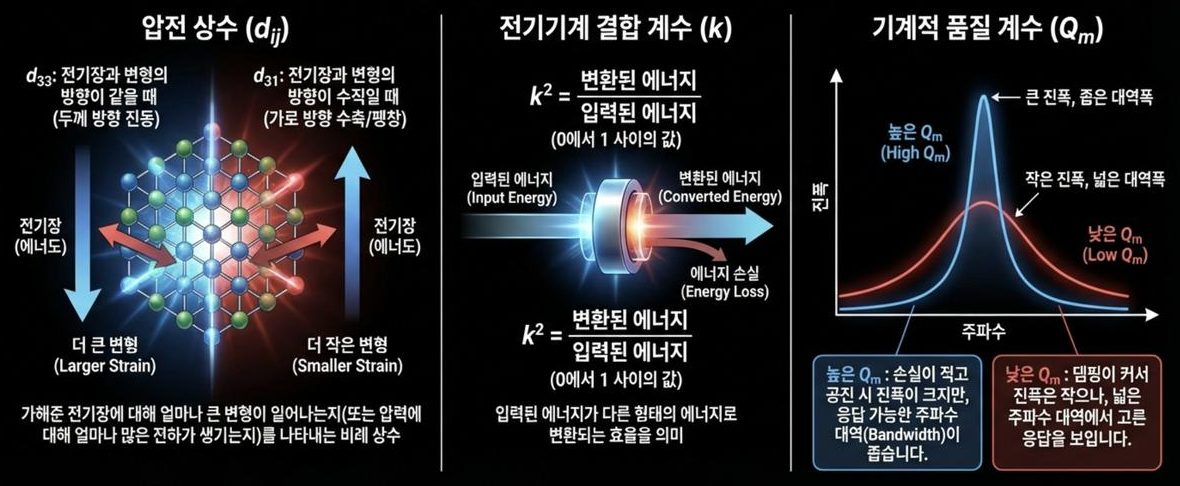 Piezoelectric engineering parameters — piezoelectric constant d_ij, electromechanical coupling factor k, mechanical quality factor Qm