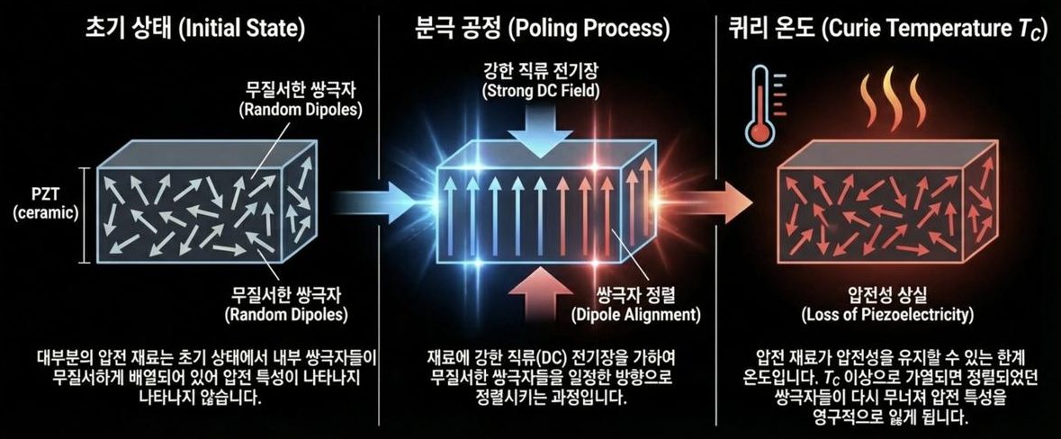 PZT poling process — disordered dipoles aligned by a strong DC field; exceeding the Curie temperature destroys piezoelectricity