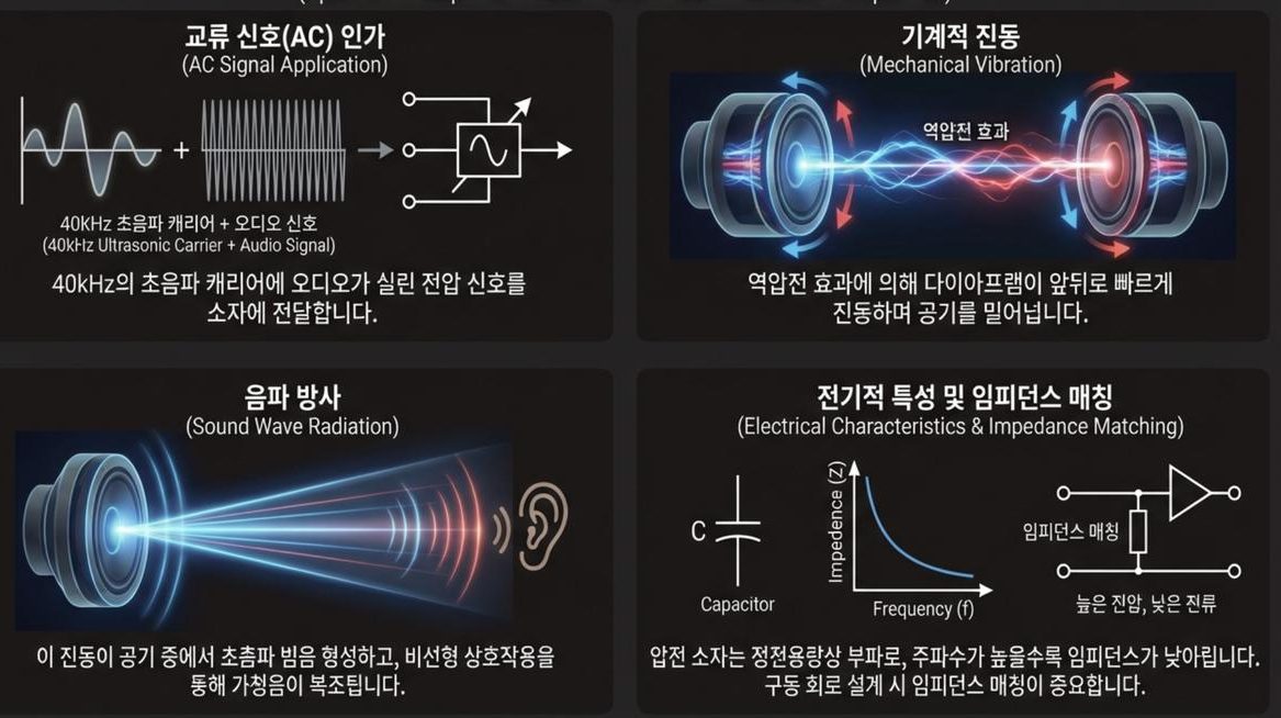 Operation of a piezoelectric loudspeaker — 40kHz carrier plus audio AC applied, converse-effect vibration, acoustic radiation, impedance matching