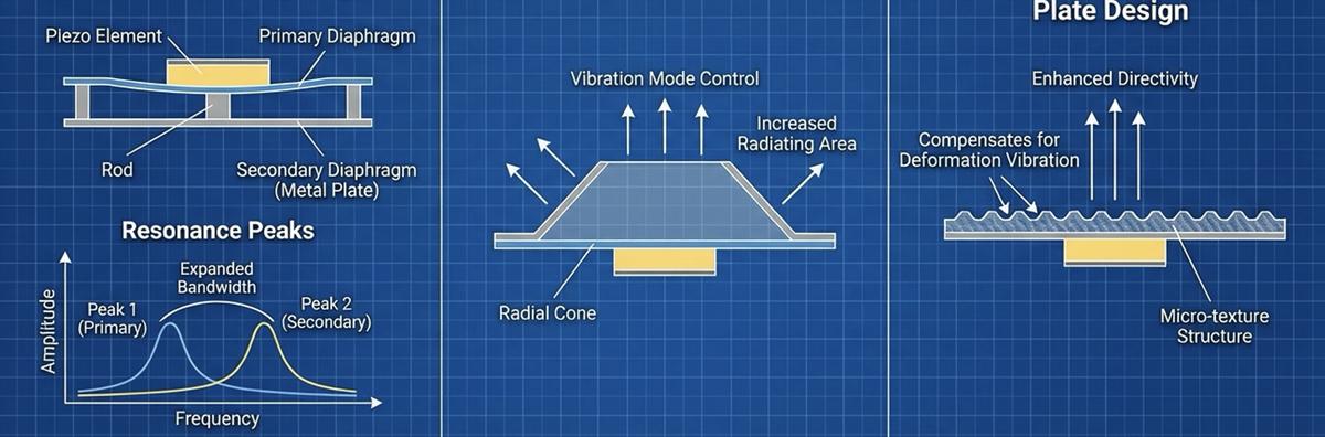 Three transducer resonant structures — double linked diaphragm (bandwidth extension), radial cone (larger radiating area), micro-textured radiating plate (improved directivity)