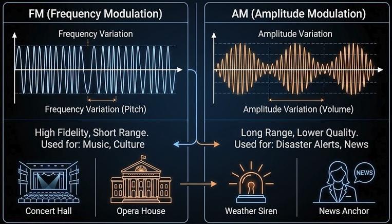 FMとAMの特性比較——FMは高忠実度・近距離（音楽）、AMは遠距離・低品質（災害放送・ニュース）