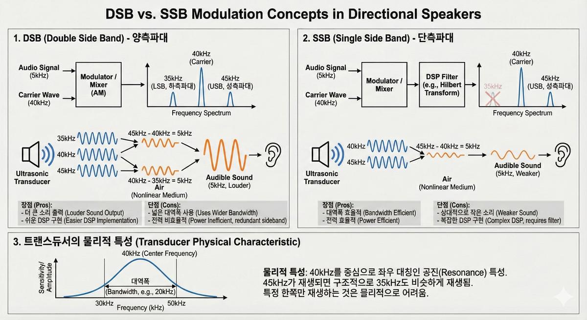 DSBとSSB変調の比較——両側波帯は音が大きいが帯域・電力が非効率、単側波帯は効率的だが音が弱くDSPが複雑